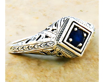 Vintage Natural Sapphire Solitaire Ring: Filigree 925 Sterling Silver, Genuine Gemstone Jewelry 059