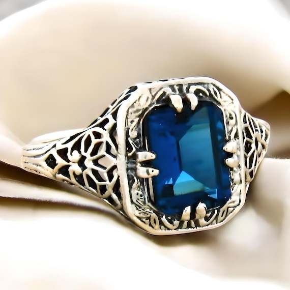 Vintage Natural London Blue Topaz Ring: 1.90 Carat Filigree 925 Sterling Silver 709