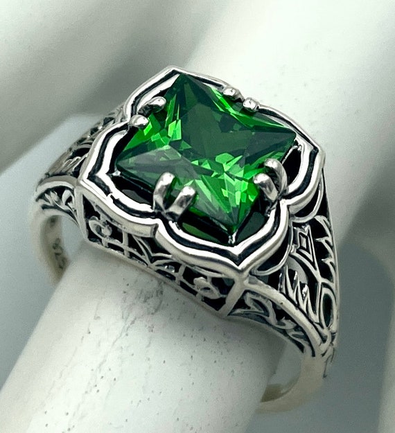 Emerald Filigree Ring - 925 Sterling Silver - Anti