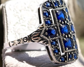 Vintage Royal Blue Sim Sapphire Ring: 925 Sterling Silver Filigree Jewelry 1754