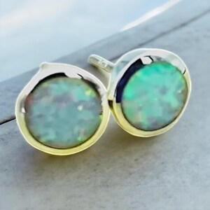 925 Sterling Silver Opal Stud Earrings Dainty Button Design 1744