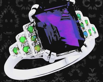 Vintage 3.00 Carat Amethyst Ring 925 Sterling Silver Filigree Green Fire Opal Accents 646