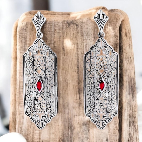 Vintage Natural Ruby Filigree Earrings: 925 Sterling Silver, Marquise Cut 978