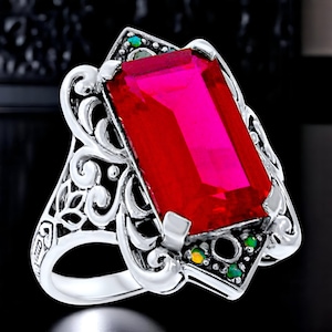 Vintage 9 Ct. Lab Ruby Filigree Ring: 925 Sterling Silver, Green Opal Accents 493