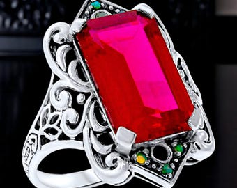 Vintage 9 Ct. Lab Ruby Filigree Ring: 925 Sterling Silver, Green Opal Accents 493