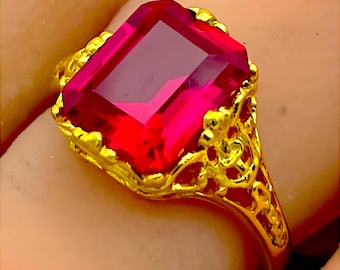 Vintage Lab Ruby Filigree Ring, 24K Gold Finish, 925 Sterling Silver 1015