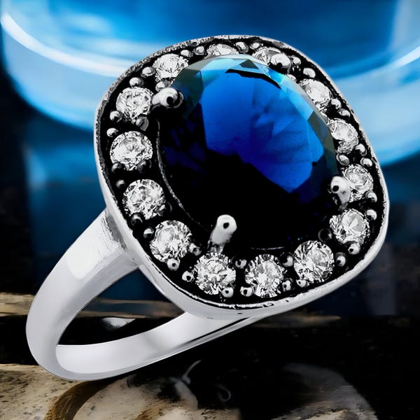 Vintage Royal Blue Sim. Sapphire Ring: 925 Sterling Silver, Cubic Zirconia Accents 1206