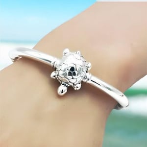 May include: A silver bangle bracelet with a turtle charm. The turtle is detailed with a textured shell and has a smooth, shiny finish.