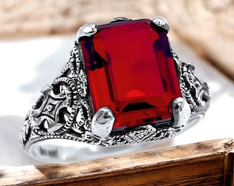 Vintage Red Sim. Ruby Ring: 925 Sterling Silver Filigree 1362