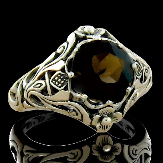 Vintage Scottish Thistle Ring: Natural Smoky Quartz Filigree, 925 Sterling Silver 099 View 4