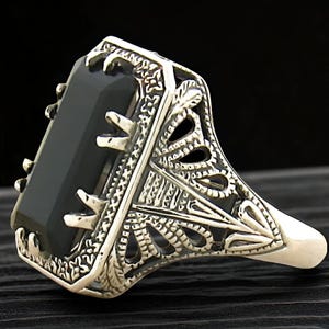 Ring Sizes 5 Through 10 Black Agate Solitaire Filigree Ring In 925 Solid Sterling Silver Vintage Antique Design, Everyday Wear Jewelry  765
