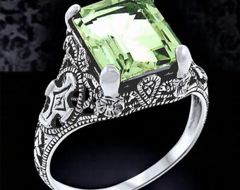 Vintage 2.5 Carat Natural Green Amethyst Ring: Filigree 925 Sterling Silver Solitaire 959