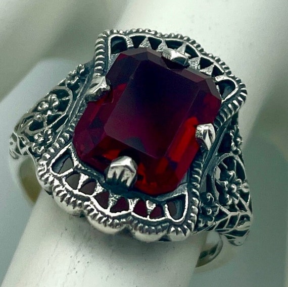 Vintage Vivid Red Sim. Ruby Ring: 925 Sterling Si… - image 5