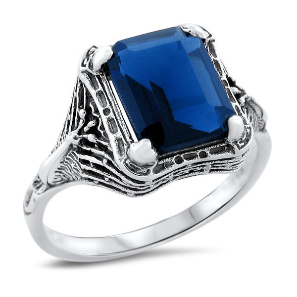 Peacock Ring, 925 Sterling Silver, Antique Finish, September Birthstone, Gift For Her, Royal Blue Sim. Sapphire, Vintage #1297