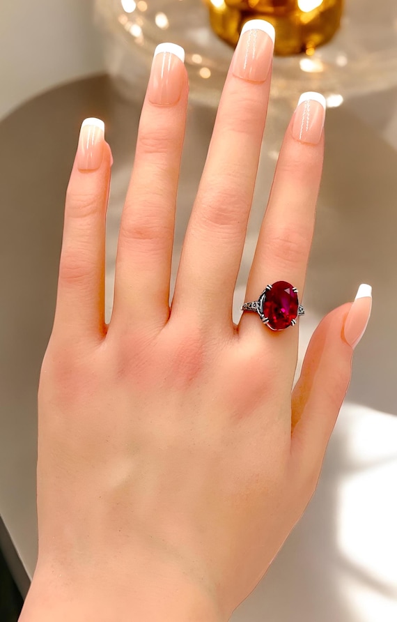 Deep Red Sim. Ruby Ring: 925 Sterling Silver Fili… - image 3