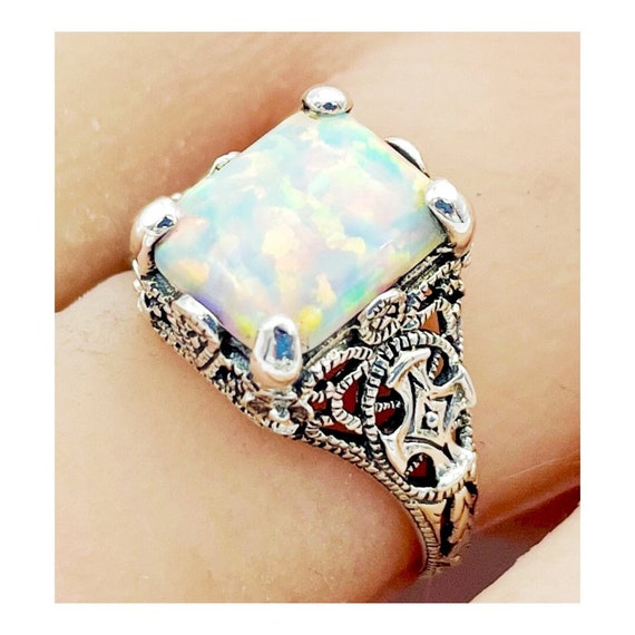 Vintage Estate Opal Solitaire Filigree Ring In 92… - image 1