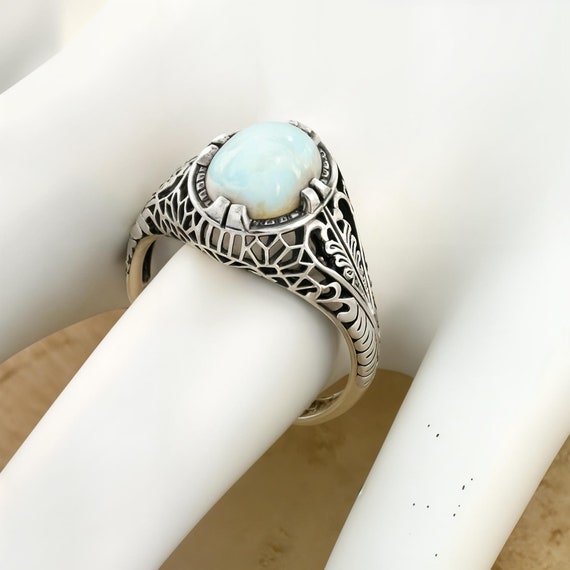 Vintage Estate Cabochon Opal Solitaire Filigree Ring in 925 Solid