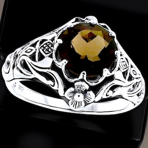 Vintage Scottish Thistle Ring: Natural Smoky Quartz Filigree, 925 Sterling Silver 099