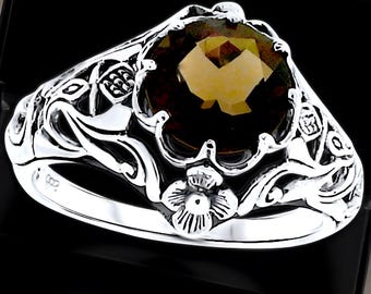 Vintage Scottish Thistle Ring: Natural Smoky Quartz Filigree, 925 Sterling Silver 099