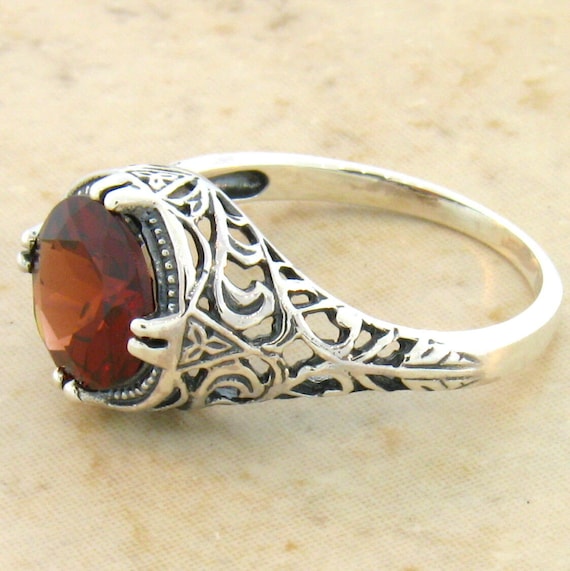 Vintage 2.00 Carat Natural Garnet Ring: 925 Sterling Silver Filigree Solitaire 636