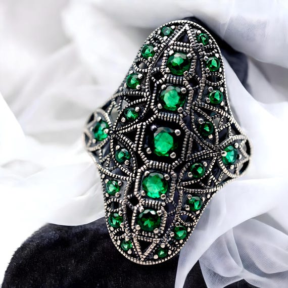 Vintage 925 Sterling Silver Ring: Green Sim. Emer… - image 3