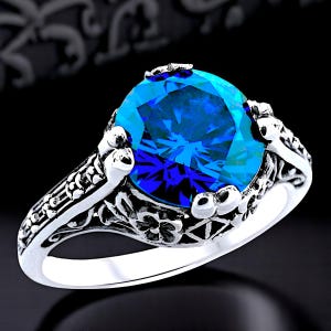 Vintage Ceylon Blue Sim. Sapphire Ring: 925 Sterling Silver Filigree 1195