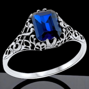 Vintage Royal Blue Lab Sapphire Ring: Sterling Silver Filigree Statement Jewelry