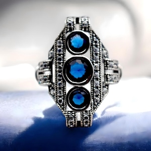 Vintage Royal Blue Sim Sapphire Ring: 925 Sterling Silver Filigree 1809