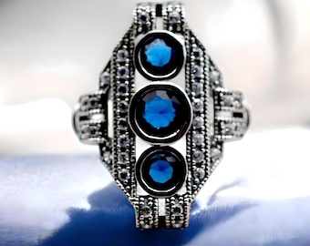 Vintage Royal Blue Sim Sapphire Ring: 925 Sterling Silver Filigree 1809