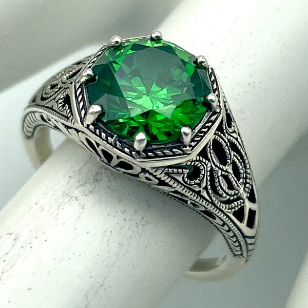Emerald Ring, 925 Sterling Silver, Filigree Solitaire, May Birthstone, Emerald Cz, Esmeralda, Gift For Her, Vintage    #1288