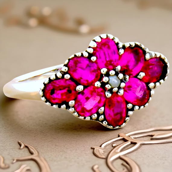 Ruby Flower Ring: Freshwater Pearl, Sterling Silver Floral Jewelry 446