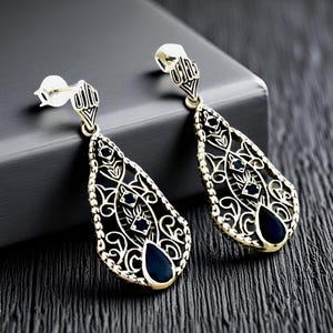 Vintage Natural Sapphire 925 Solid Sterling Silver Filigree Earrings, Delicate Dangle Jewelry, Unique Gift for Birthday Or Anniversary  602