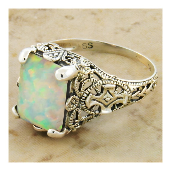 Vintage Estate Opal Solitaire Filigree Ring In 92… - image 2