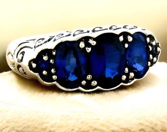 Vintage Royal Blue Sapphire Sterling Silver Filigree Ring - September Birthstone 107