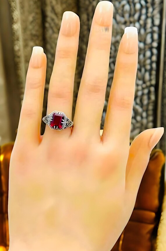 Vintage Sim. Ruby Ring: 925 Sterling Silver Filig… - image 4