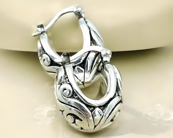 Filigree 925 Sterling Silver Chunky Hoop Earrings: Lightweight Latch Back 1386