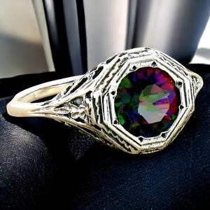 Vintage Rainbow Mystic Quartz Statement Ring,925 Solid Sterling Silver Filigree Design, Perfect Gift for Anniversary or Special Occasion 122