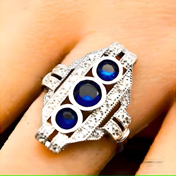 Vintage Royal Blue Sim. Sapphire Ring, 925 Sterli… - image 2