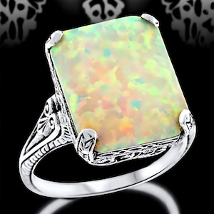 Vintage 3 Carat Opal Solitaire Filigree Ring In 925 Sterling Silver, Beautiful October Birthstone Jewelry, Stunning Anniversary Gift  919