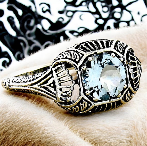 Vintage Natural Aquamarine Filigree Ring: 925 Sterling Silver Solitaire 287 View 3