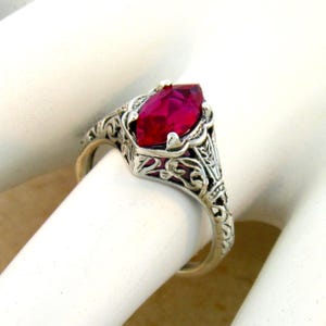 Vintage Marquise Lab Ruby Ring: Filigree 925 Sterling Silver Solitaire 625
