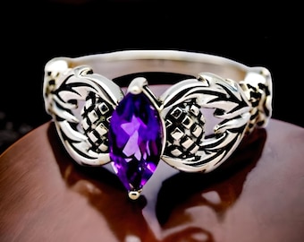 Vintage Scottish Thistle 1 Carat Natural Marquise Amethyst Ring: 925 Sterling Silver, 1755