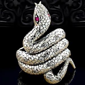 Vintage 925 Sterling Silver Snake Ring: Natural Ruby Eyes, Cubic Zirconia Accents 221