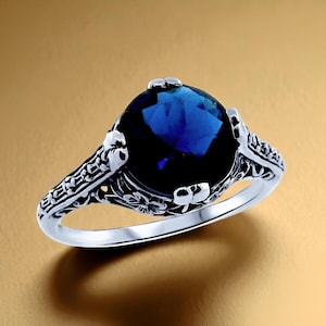 Vintage 2 Carat Royal Blue Sim. Sapphire Ring: Filigree 925 Sterling Silver, September Birthstone 1162
