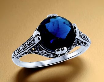 Vintage 2 Ct. Royal Blue Sim. Sapphire Ring: Filigree 925 Sterling Silver 1162