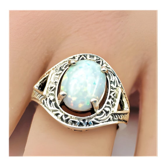 Vintage Estate Cabochon Cut Opal Solitaire Filigr… - image 1