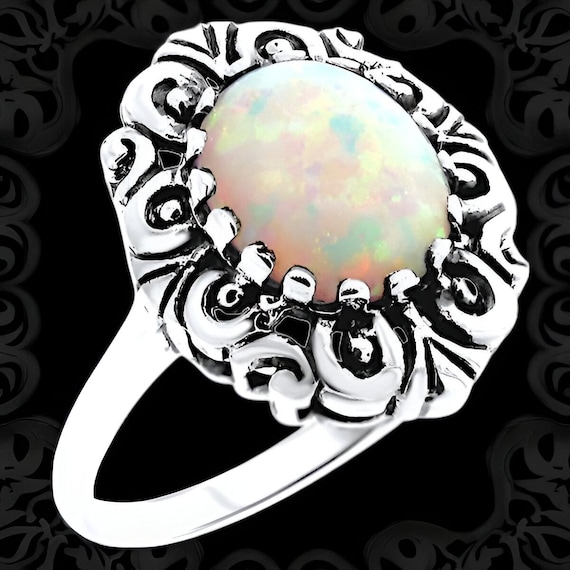 Vintage Opal Flower Ring: Sterling Silver Filigre… - image 1