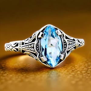 Vintage Natural Marquise Cut Sky Blue Topaz Solitaire Filigree Ring In 925 Solid Sterling Silver, Beautiful Everyday Wear Jewelry     778