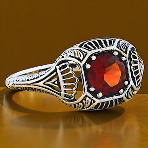 Vintage Natural Garnet Filigree Ring in 925 Solid Sterling Silver, Elegant Everyday Wear Genuine Gemstone Jewelry, Unique Gift Idea  018