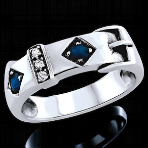 Vintage Natural Sapphire & White Topaz Buckle Ring in 925 Sterling Silver, Unique Everyday Wear Fashion Accessory, September Birthstone 859